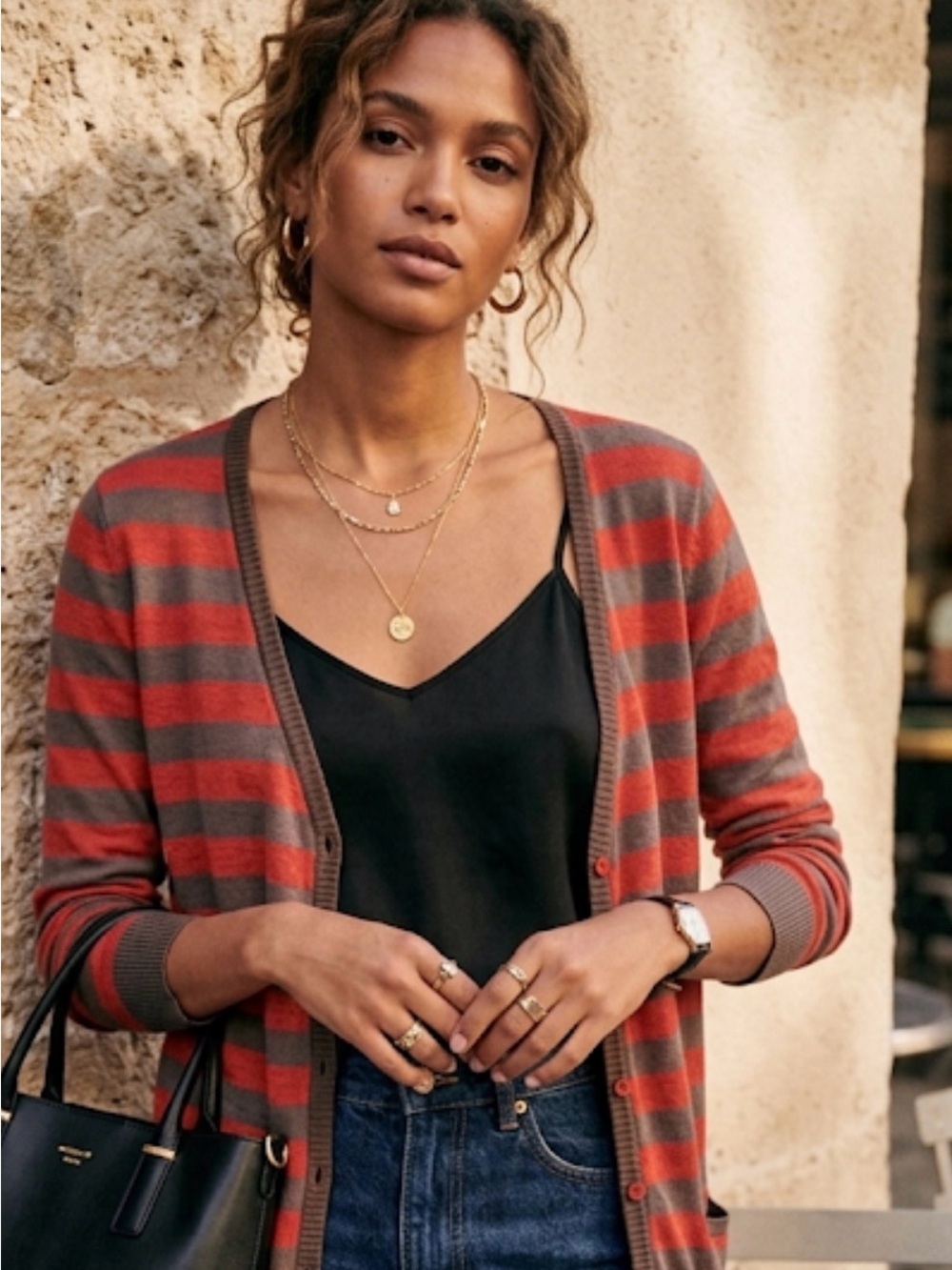 🧡 Michelle Striped Button-Front Lightweight Cardigan – Orange & Charcoal